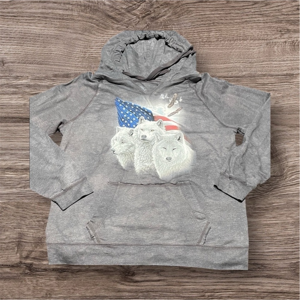 The Mountain Charcoal Hoodie with Wolf and Flag Design